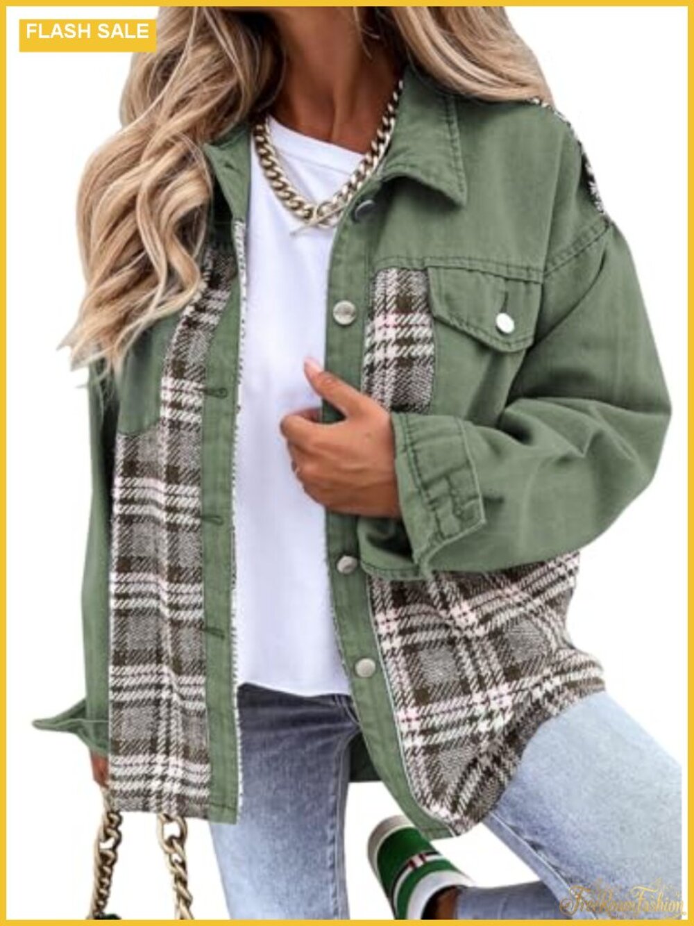 Oversized Plaid Denim Jacket Long Sleeve Button Down Shacket with Pockets